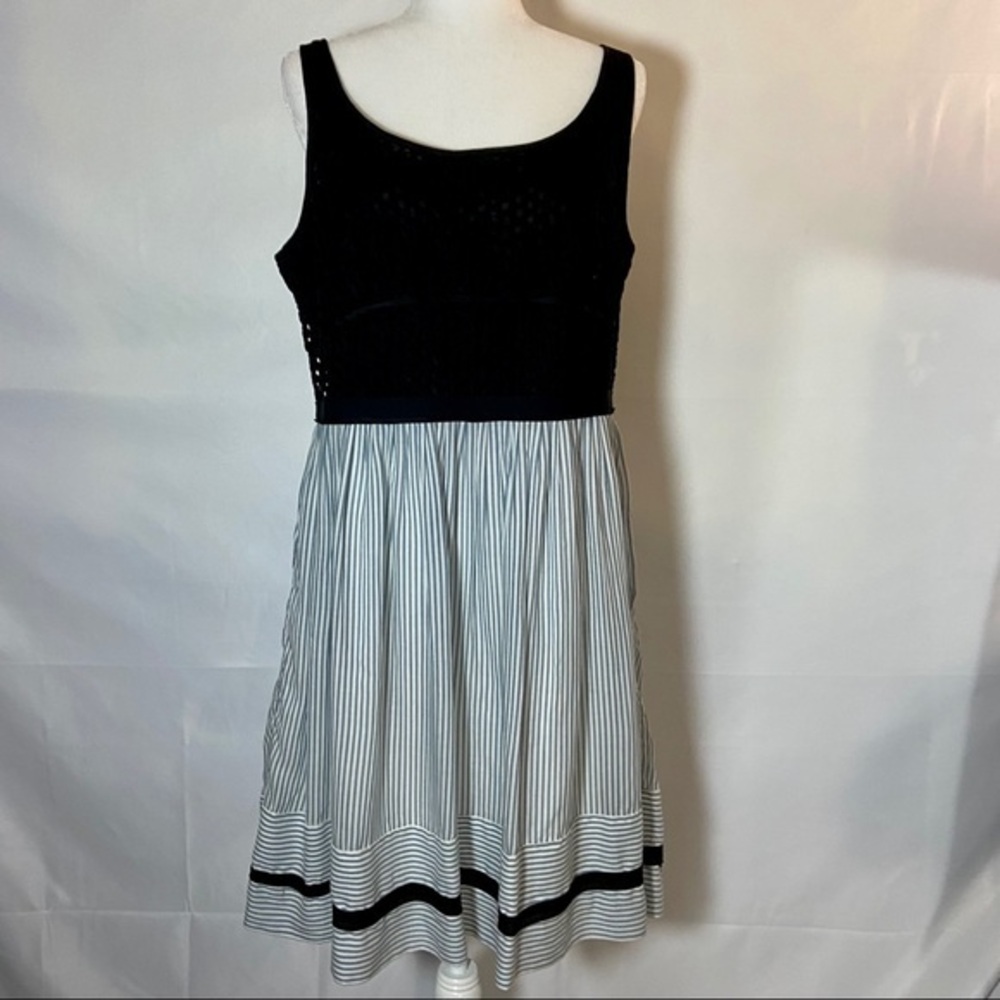 LOFT Black, With Blue and White Striped Midi Dress